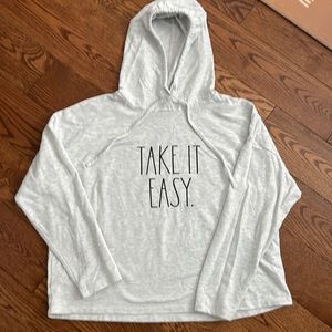 Rae Dunn Women's Lt. Grey  Cropped Hooded Sweatshirt- TAKE IT EASY on front. XL